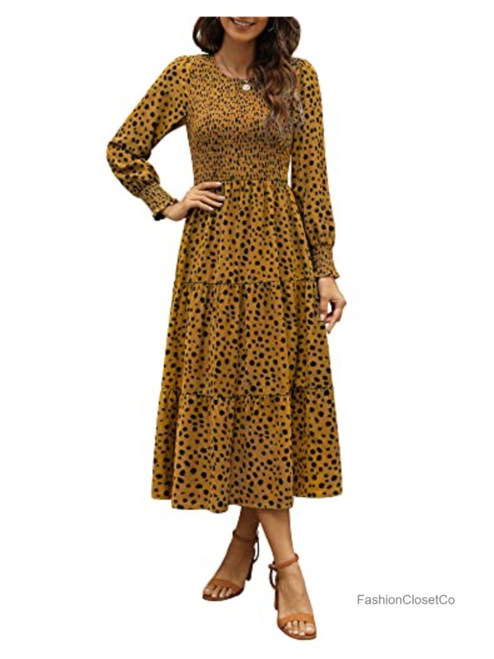 Zattcas Women's Long Sleeve Smocked Floral Midi Dress Tiered Boho with Pockets